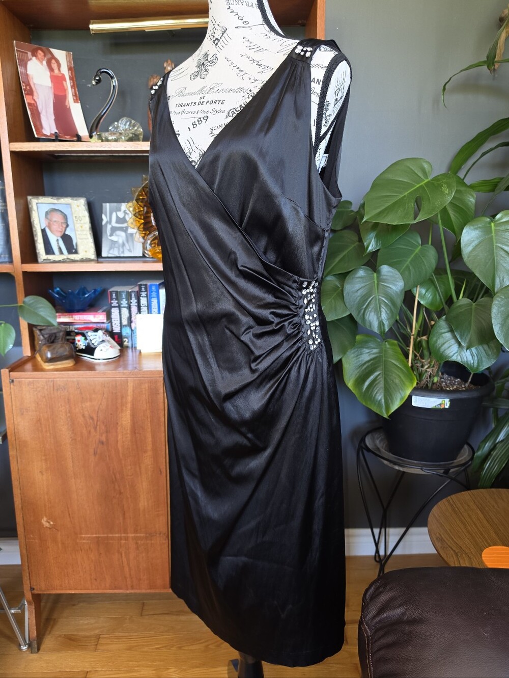 Joseph Ribkoff Black Midi Dress with Side and Shoulder Crystal Details